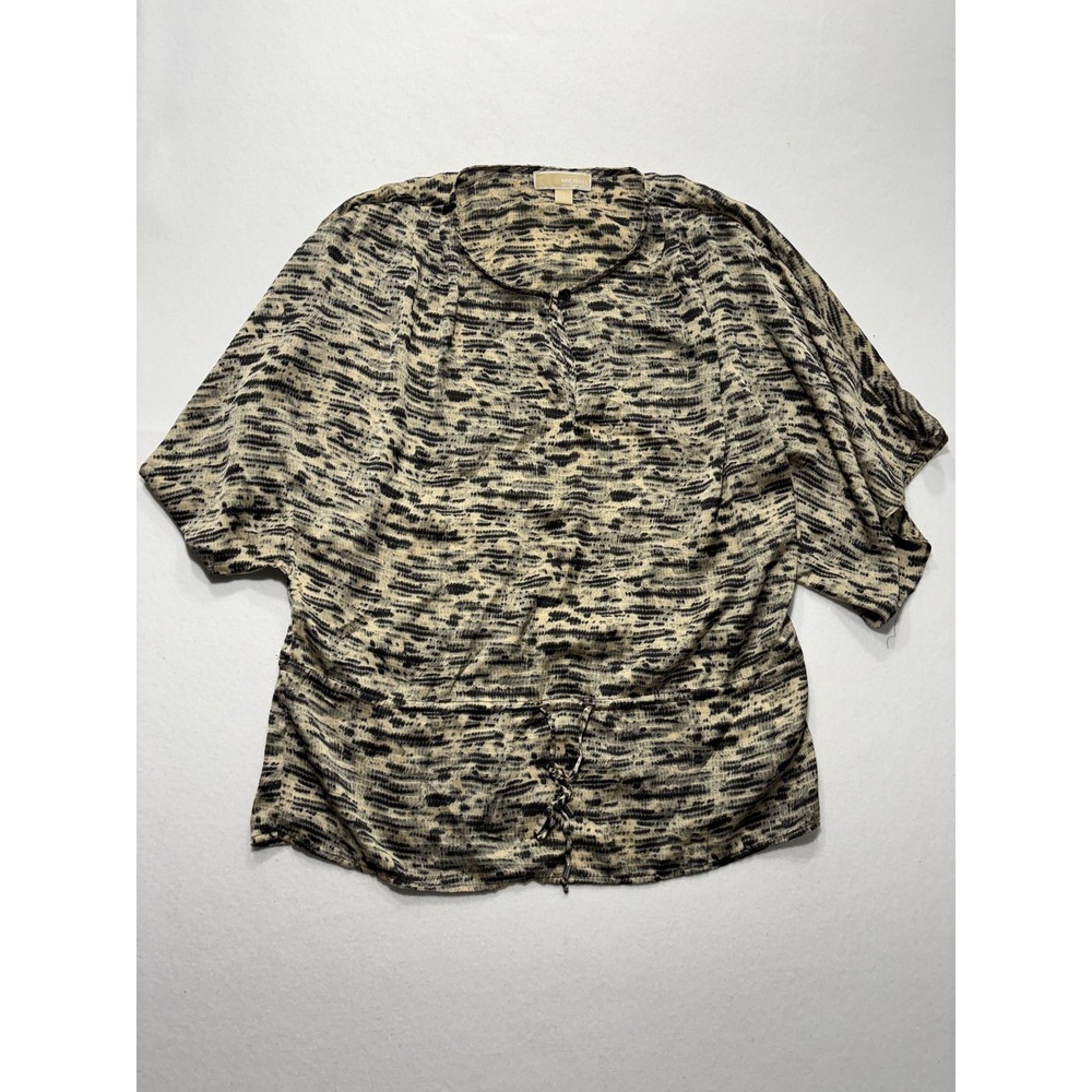 MICHAEL Michael Kors Top Womens L Beige Animal Print Tunic Henley Sheer Blouse